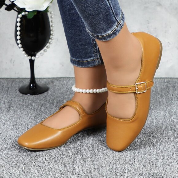 Camel Cushioned Insole Classic Mary Jane Ballet Flat Adjustable Ankle Strap - Picture 2 of 11
